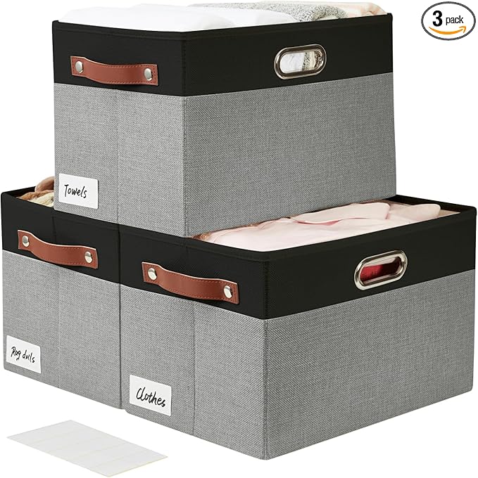 Large Collapsible Fabric Storage Bins with 3 Handles, Foldable Organizer Baskets for Closet, Shelves, Living Room | 3 Pack, Durable PU & Metal Handles (14.9"x9.8"x9.8", Black & Gray)-Ruum Studio Home
