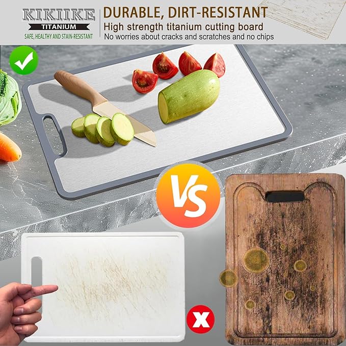 Titanium Cutting Board Double-sided non-slip silicone edging Pure Titanium Cutting Boards for Kitchen - Double-Sided Food-Grade Chopping Board Non-Stick Durable and easy to clean (Large)