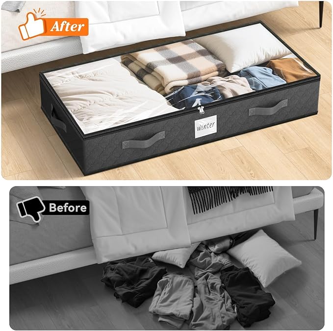 SpaceWhisper 90L Under Bed Storage Containers, 2-Pack Storage Bins with Clear Top, Foldable Closet Organizers and Storage with Label Holder for Clothing, Blankets, Comforter & Pillows (Grey)-Ruum Studio Home