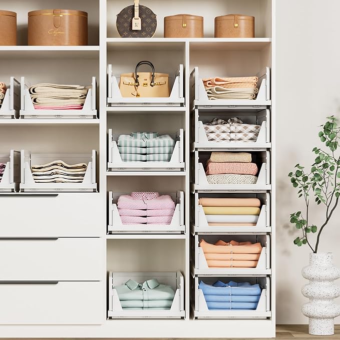 6 Pack Stackable Closet Storage Basket - Stackable Storage Bins, Multifunctional & Foldable Closet Organizer, Wardrobe Storage Space-Saving Clothes Storage Drawer Organizer, White-Ruum Studio Home