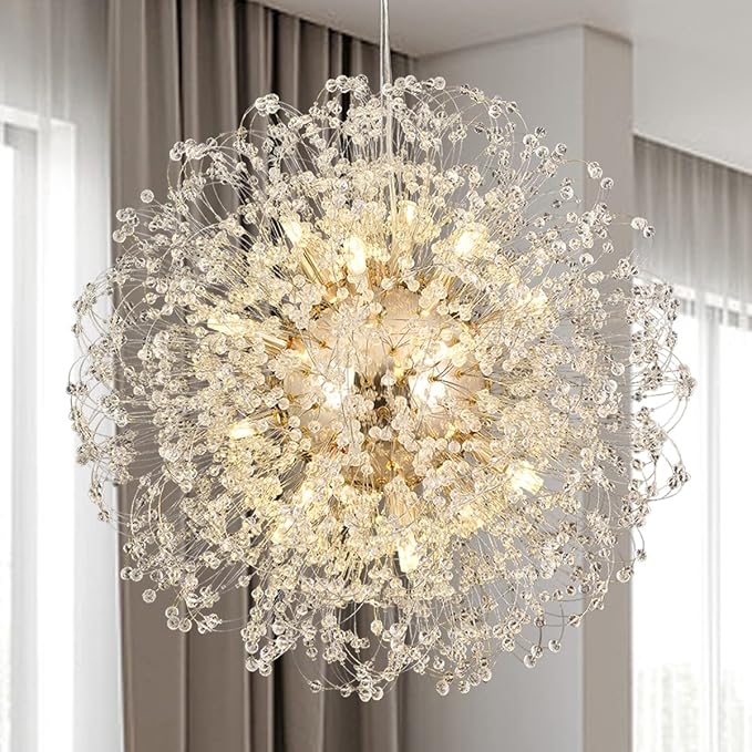 Modern Crystal Chandelier, Sputnik Dandelion High Ceiling Hanging Lamp, Large Beaded Gold Pendant Light for Living Room Dining Room Kitchen Island Bedroom (Gold 16Lights)-Ruum Studio Home