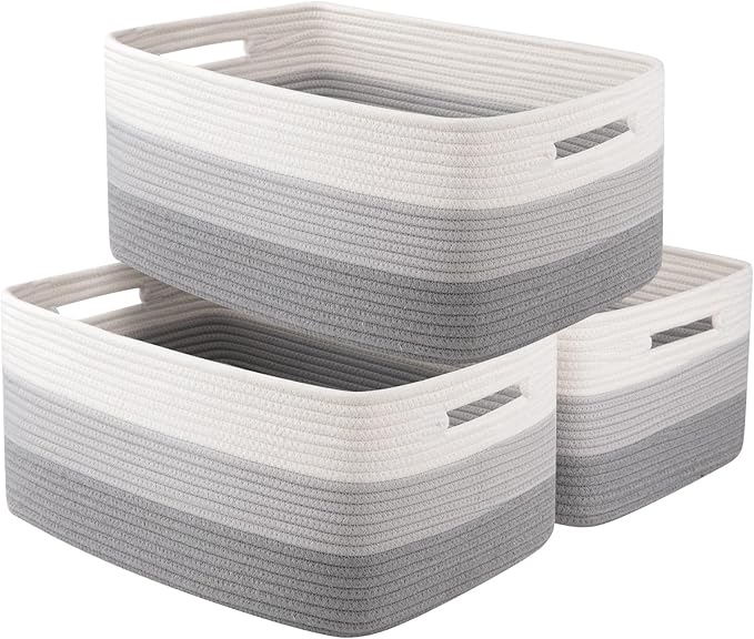 Large Storage Basket for Organizing, Woven Rope Basket for Shelves, Closet Organizer Bins for Clothes, Blanket, Toys, Baby Nursery Storage, 17.7" x 13" x 7.87", 3 Packs Gradient Grey-Ruum Studio Home