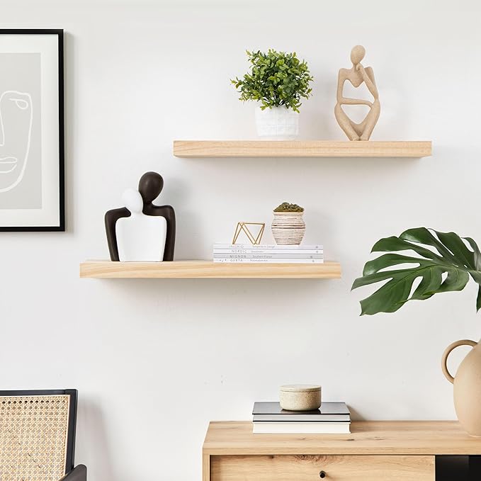 Fun Memories Farmhouse Floating Shelves - 8 Inch Deep Rustic Wood Wall Shelf - Premium Solid Pine Wood Storage Shelf for Kitchen Living Room Bedroom - 24" W x 8" D - Set of 2 - No Stain - Unfinished-Ruum Studio Home