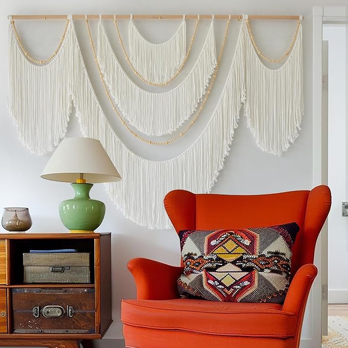 Flber Large Macrame Wall Hanging – Boho Yarn Art Garland with Tassels and Beads, Handmade Rope Decor for Nursery, Party, Wedding, Bedroom, Fireplace Mantel, or Photo Backdrop 57" W x 41" L-Ruum Studio Home