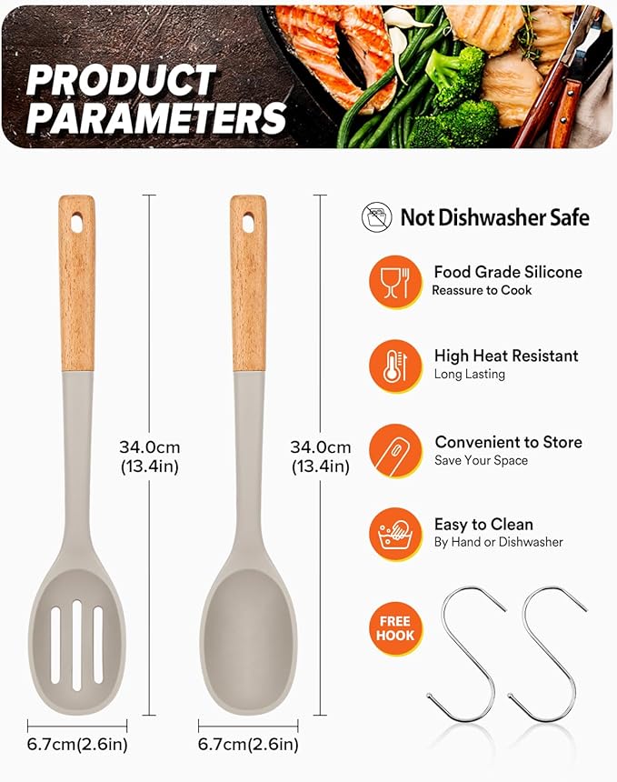 Silicone Cooking Spoons, Great for Scooping Sides and Serving Hearty Stews, BPA-Free Matte Silicone, Wooden Handle Serving Spoon for Nonstick Cooking Surfaces (Khaki)-Ruum Studio Home
