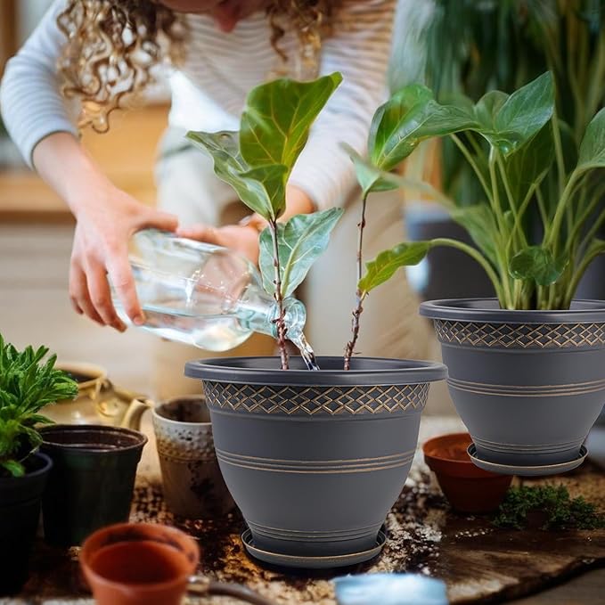 4 Pack 12 Inch Large Plant Pots, Plastic Flower Pot for Indoor & Outdoor with Drainage Holes & Saucer, Plaid Pattern Planters Garden Pots for Herbs-Ruum Studio Home