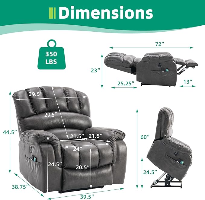 VIVIJASON Large Dual OKIN Motor Lay Flat Sleeper Lift Recliner Chair with Heat & Massage for Elderly, Infinite Position Electric Power Recliner with 2 Remote Controls, Side Pockets & USB Ports, Gray-Ruum Studio Home