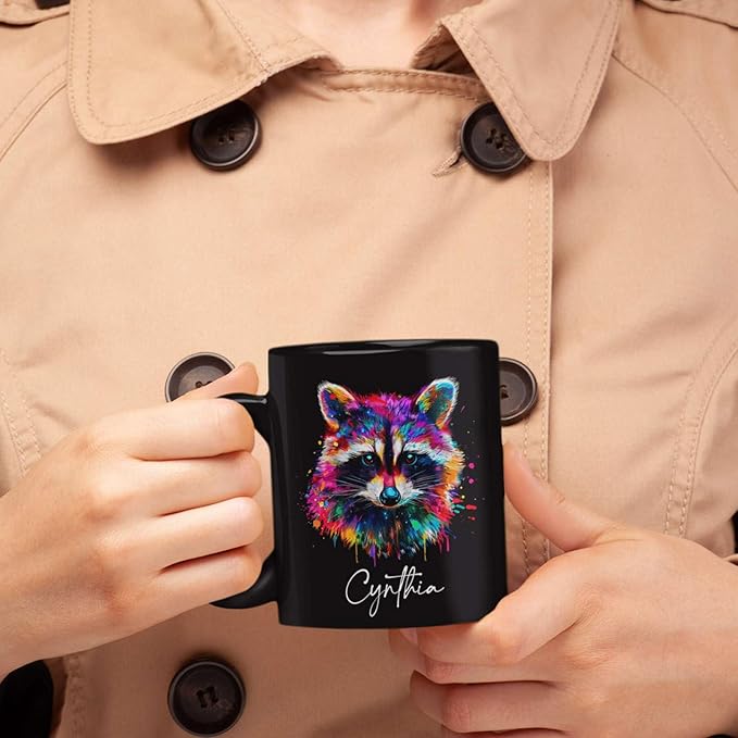 Colorful Raccoon Black Mug, Custom Choose Name Raccoon Coffee Cup, Gift For Men Women, Personalized Animal Lover Ceramic Mug, Customized Animal Design Cup 11oz 15oz-Ruum Studio Home