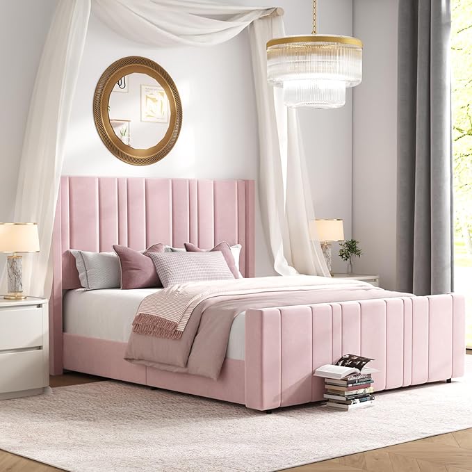 HOMBCK Pink Full Size Bed Frame Upholstered Bed with Velvet Tufted Headboard & Footboard, Mattress Foundation/Wooden Slats/Noise Free/No Box Spring Needed/Easy Assembly-Ruum Studio Home