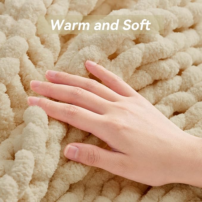 Chunky Knit Throw Blanket, 40''*50'' Knitted Throw Chenille Yarn for Bed Couch, Handmade Oatmeal Crochet Big Thick Blanket, Machine Washable Cute Comfy Blanket for Home Decor-Ruum Studio Home