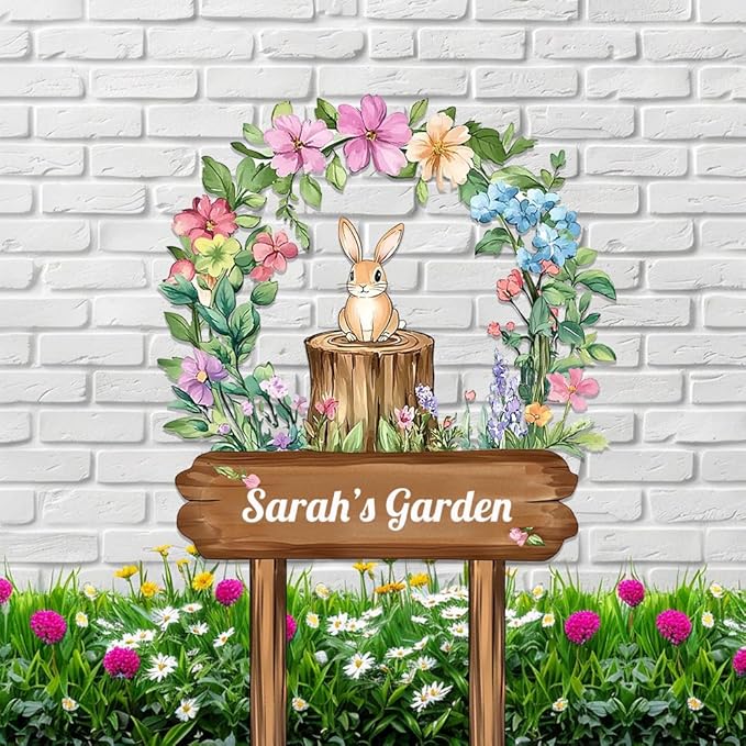 Personalized Rabbit Metal Sign with Stake,Custom Gardener Last Name Signs Outdoor Decor,Customized Flowers Gardening Birthday Gifts,Cute Animal Plaques for Patio Lawn Porch Backyard Farmhouse Outside-Ruum Studio Home