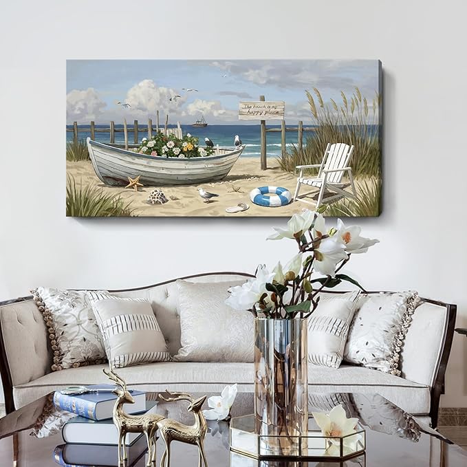amatop Large Coastal Wall Art Nautical Beach Canvas Art Print Flower-Filled Boat on Sand Ocean Waves Seaside Seascape ArtworkSea Birds Marine Picture Home Decor for Living Room Bedroom Office 48×24 Inch-Ruum Studio Home