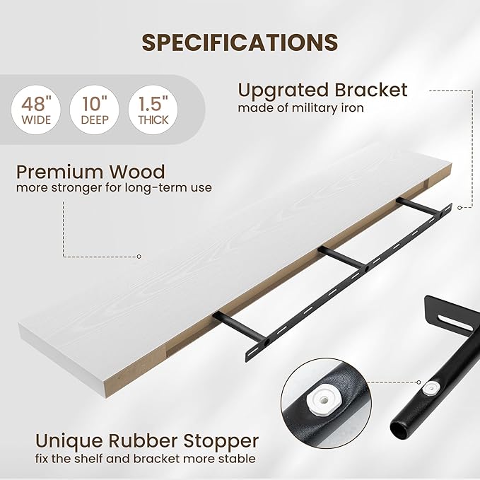 Fun Memories 10 Inch Deep Shelves, Floating Shelves for Wall 48 Inches Long, Wood Floating Shelves for Wall, Large Storage Shelves Wall Mount for Living Room Bedroom, White, Set of 1-Ruum Studio Home