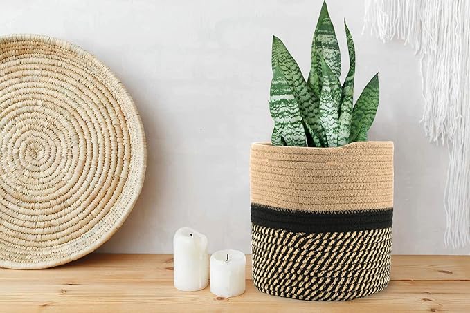 Woven Cotton Rope Plant Basket for 11" Flower Pot Floor Indoor Planters,Storage Organizer Basket Rustic Home Decor (11" x 11",Black and Brown Stripes)-Ruum Studio Home