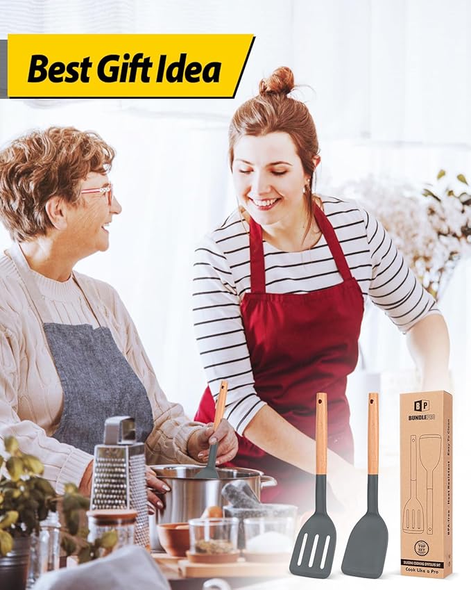 Pack of 2 Silicone Cooking Spatula, Heat Resistant Solid Turner, Non Stick Slotted Spatulas with Wooden Short Handle,Ideal Wood Kitchen Utensils Set for Frying, Baking, Flipping, Turning-Ruum Studio Home