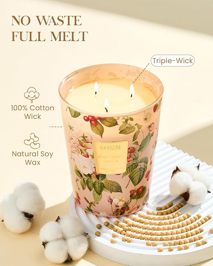 M&SENSE Extra Large Candle Strawberry Vanilla Scented, 3-Wick 35oz 150H Long Lasting, Natural Soy Wax Aromatherapy Candle for Stress Relief, Gifts for Home Decor-Ruum Studio Home