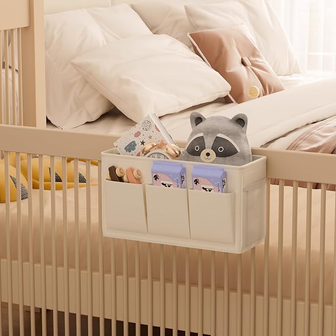 Dual-purpose Bedside Caddy Bedside Organizer, Bed Caddy with 6 Pockets, Versatile Bedside Storage Solution Magazine Remotes holder, ideal for Home, Dorm, Hospital, Crib Bed (White 2pcs)-Ruum Studio Home