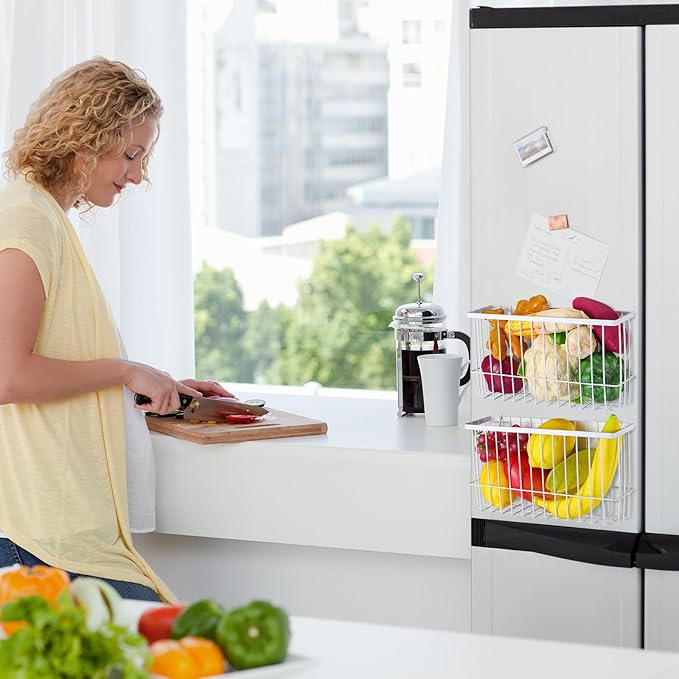 3 Pcs Magnetic or Adhesive Refrigerator Organizer Magnetic Baskets Kitchen Holder for Refrigerator Metal Shelf Rack Storage with 2 Types of Installation(White)-Ruum Studio Home
