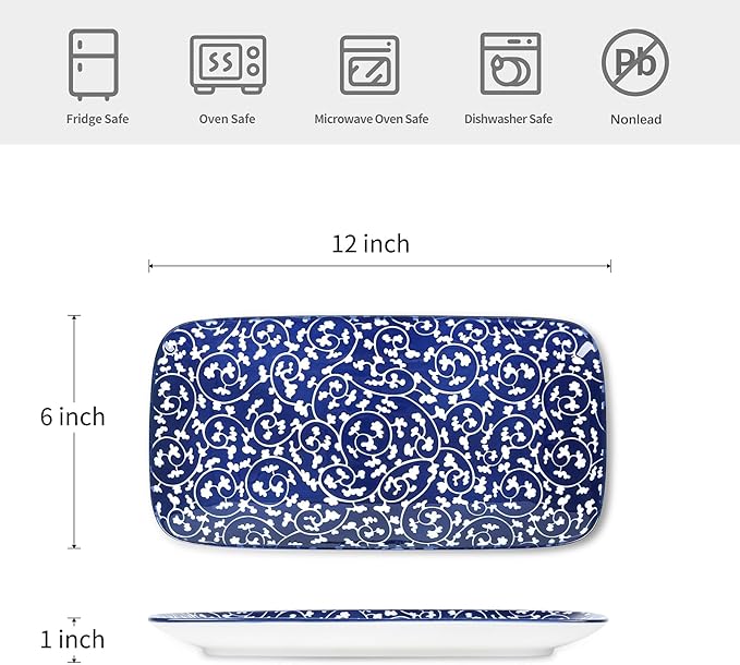Selamica Ceramic Serving Platters, 12 Inch Serving Trays for Party Entertaining, Large Rectangular Serving Plates for Food, Set of 6, Vintage Blue-Ruum Studio Home
