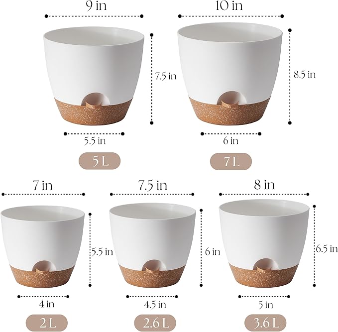 Giraffe Creation Plant Pots Set of 5 (10/9/8/7.5/7 inch), Self-Watering Indoor & Outdoor Flower Planters with Drainage Hole and Reservoir, White-Ruum Studio Home