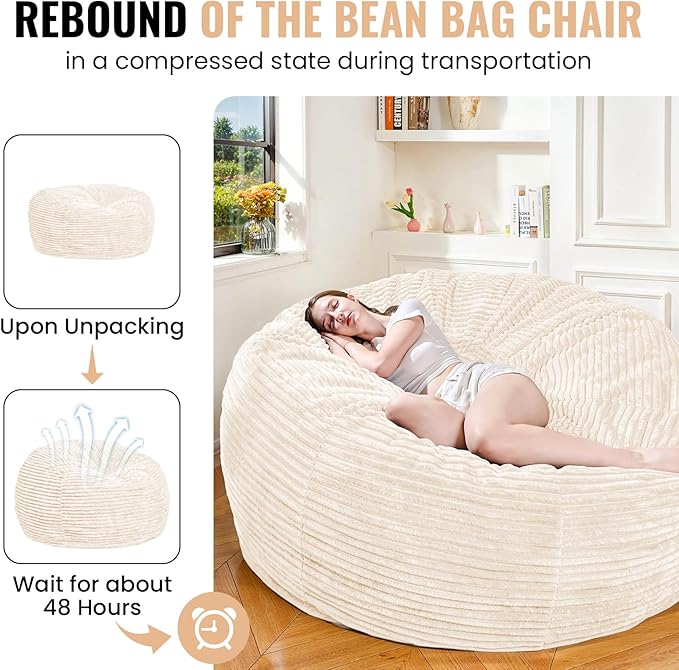 Large Bean Bag Chair, 5FT Giant Beanbag Chairs with Memory Foam Filled, Bean Bag Chairs for Adults, Ultra Soft Lazy Sofa for Living Room Bedroom (White)-Ruum Studio Home