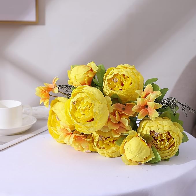 Duovlo Artificial Peony Silk Flowers Fake Flowers Vintage Wedding Home Decoration,Pack of 1 (Yellow)-Ruum Studio Home