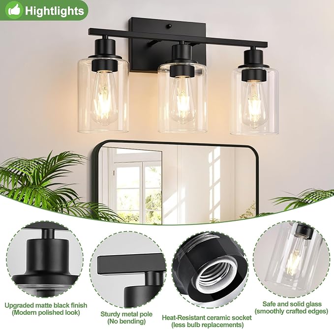 3 Light Bathroom Light Fixtures, Matte Black Modern Vanity Lights with Clear Glass Shade, Bathroom Wall Lamp for Mirror Kitchen Living Room Hallway Cabinet Porch-Ruum Studio Home