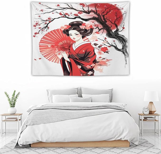 Japanese Red Geisha Tapestry Asian Cherry Blossom Traditional Kimono Folk Tapestries Home Decor for Living Room Bedroom Apartment Farmhouse Dorm 40"x30"-Ruum Studio Home