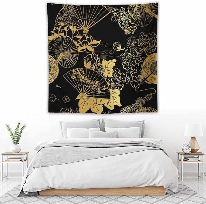 HZOHNAGO Japanese Tapestry Gold Flowers Umbrella Fan Pattern Printed Wall Tapestry Painting Wall Hanging for Bedroom Living Room Dorm 60" W x 60" H-Ruum Studio Home