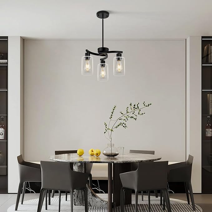 3 Light Modern Dining Chandeliers Over Table，Black Light Fixture for Dining Room，Farmhouse Chandelier with Glass Shade，Industrial Pendant Lighting for Kitchen Island，Foyer,Hallway, Bedroom-Ruum Studio Home