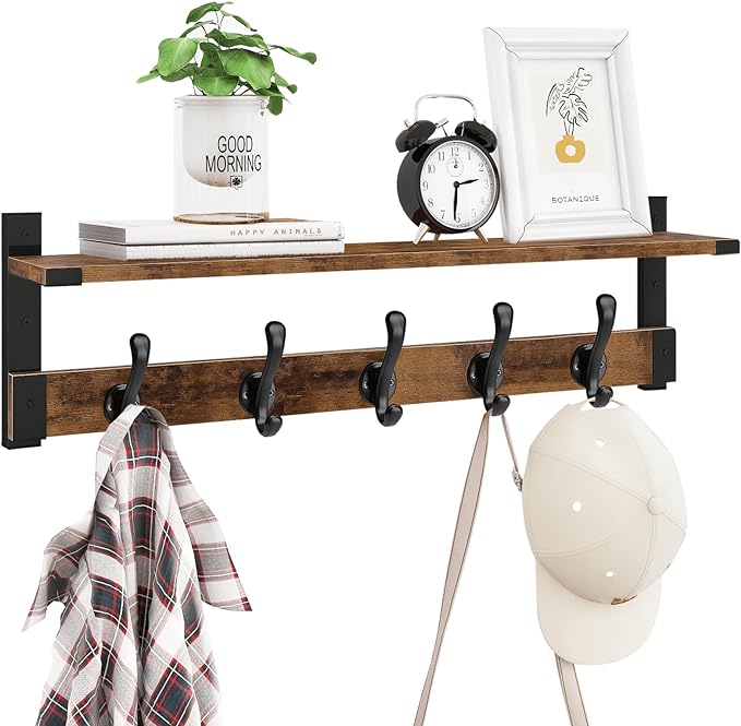 Homode Coat Rack Wall Mount, 29 Inch Long Shelf with Hooks, Wood Entryway Shelf with 5 Hangers for Hanging Hat Jacket Backpack Purse, Rustic Brown Black-Ruum Studio Home