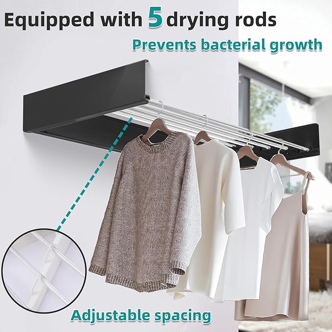 Laundry Drying Rack Collapsible, Wall Mounted Clothes Drying Rack. 39.37" Wide, 19.3 Linear Ft, 5 Aluminum Rods, with Wall Template, Screwdriver Bit (Black 1M)-Ruum Studio Home