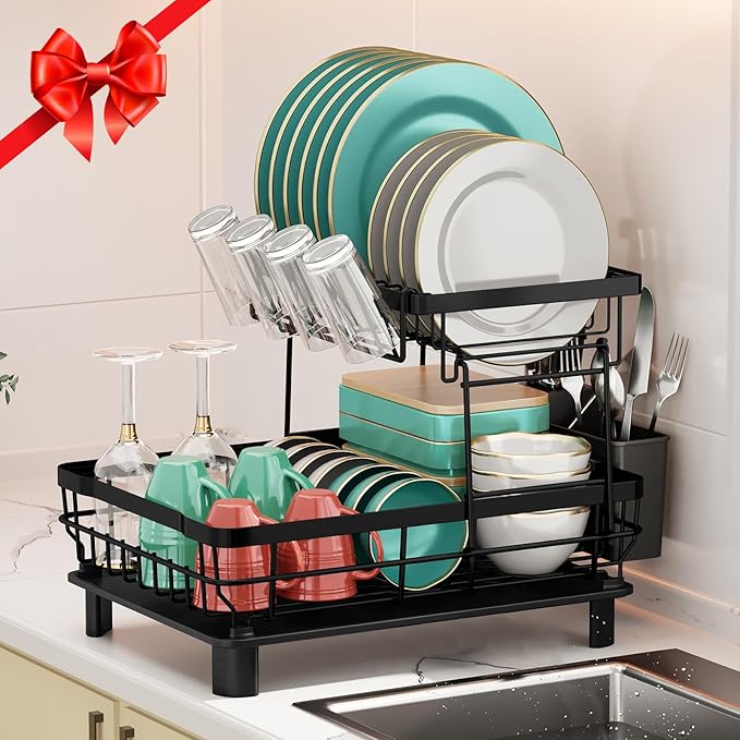 MOUKABAL Dish Drying Rack, 2 Tier Dish Rack, Large Dish Racks for Kitchen Counter, Dish Drainer with Removable Utensil Holder, Drainboard (Black)-Ruum Studio Home