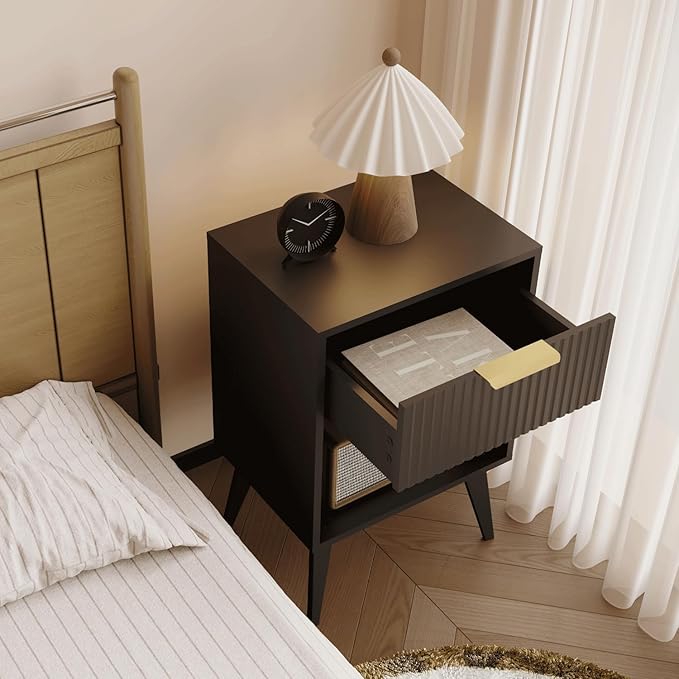 Fluted Night Stand with Opening Storage,Mid Century Bedside Table with Drawer,Modern Nightstand with Solid Wood Legs,End Table Side Table for Living Room,Bedroom,Black CTG56BK-Ruum Studio Home