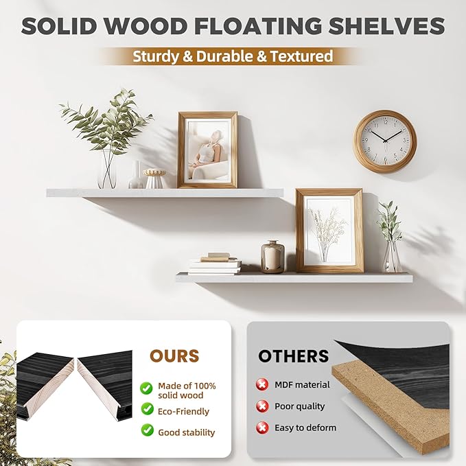 36"x6.8"x1.2" Solid Wood Floating Shelves 2-Pack - Rustic White Finish with Hidden Brackets, Perfect for Storage and Décor in Living Room, Kitchen, Bedroom-Ruum Studio Home