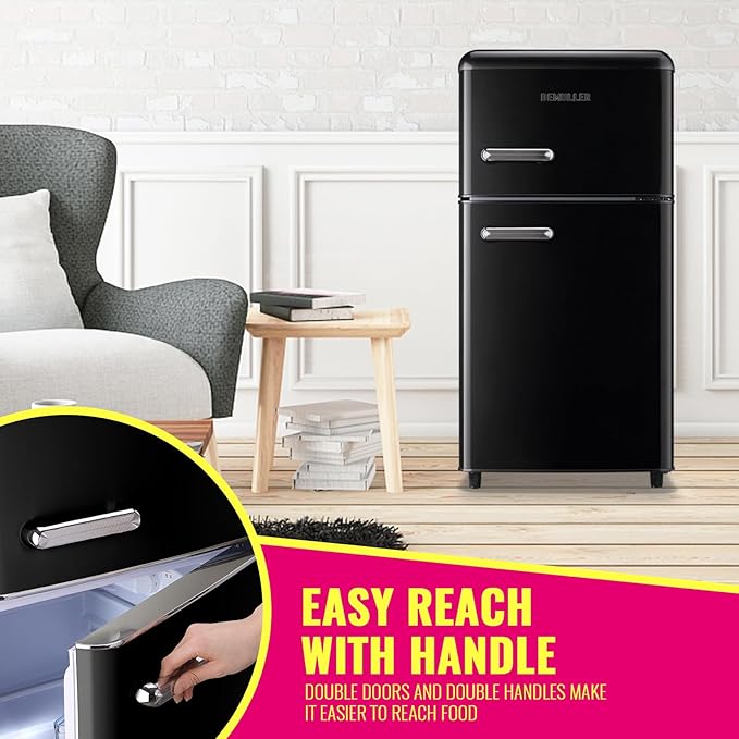Mini Fridge Dual Door Refrigerator with Freezer, 3.5 Cu.Ft Compact Refrigerator with Handle, Adjustable Temperature & Removable Glass Shelves, for Apartment/Dorm/Office/RV, Black-Ruum Studio Home