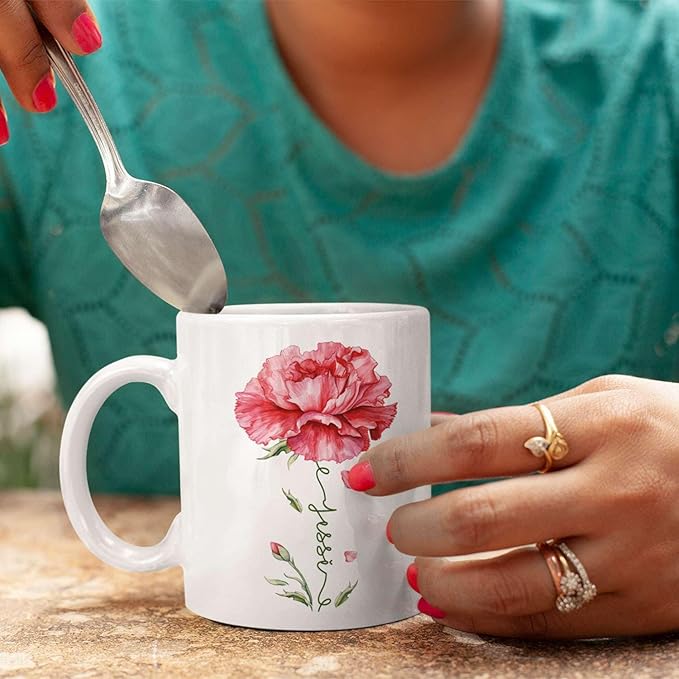 Personalized Floral Carnation Mug, Customized Name On Flower Coffee Cup, Unique Ceramic Tea Mug 11oz Or 15oz, Custom Carnation Flower Accent Cup, Gift For Daughter Mother-Ruum Studio Home