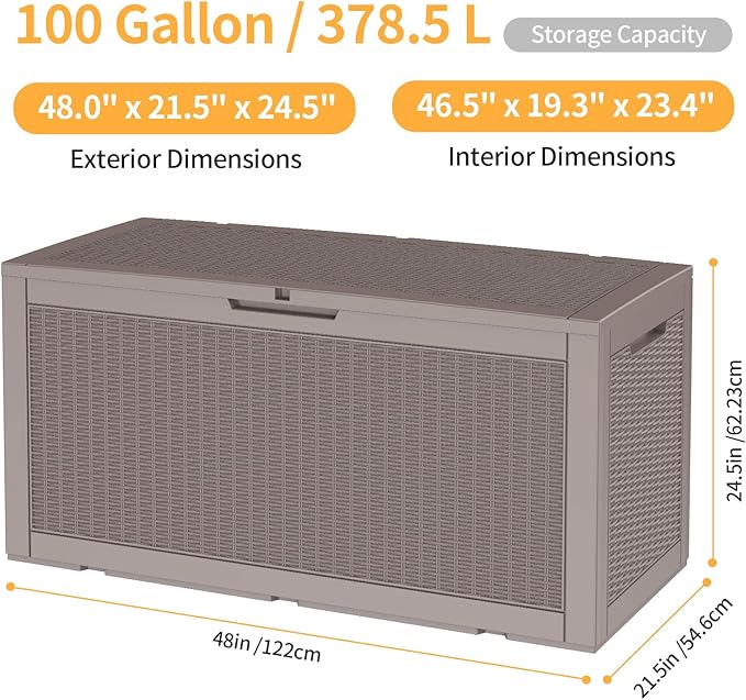 DRATO 100 Gallon Large Deck Box, Outdoor Storage Box for Patio Furniture, Patio Cushions, Gardening Tools, Pool Supplies,660lbs Weight Capacity,Waterproof Resin Storage Boxes-Ruum Studio Home