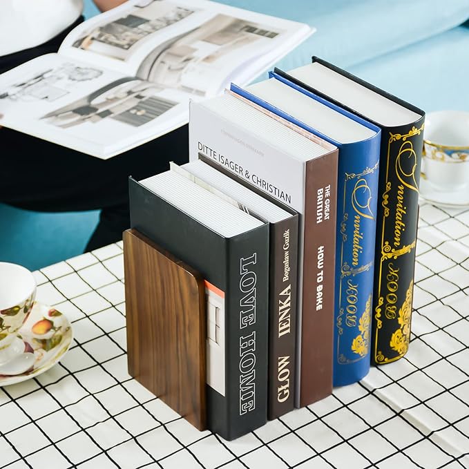 Large Bookend Hold Heavy Books- 7x4x5in 2 Pack Wood Bookends for Heavy Books Heavy Duty Walnut Book Ends for Men Wood Bookends for Office Desk Non-Skid-Ruum Studio Home