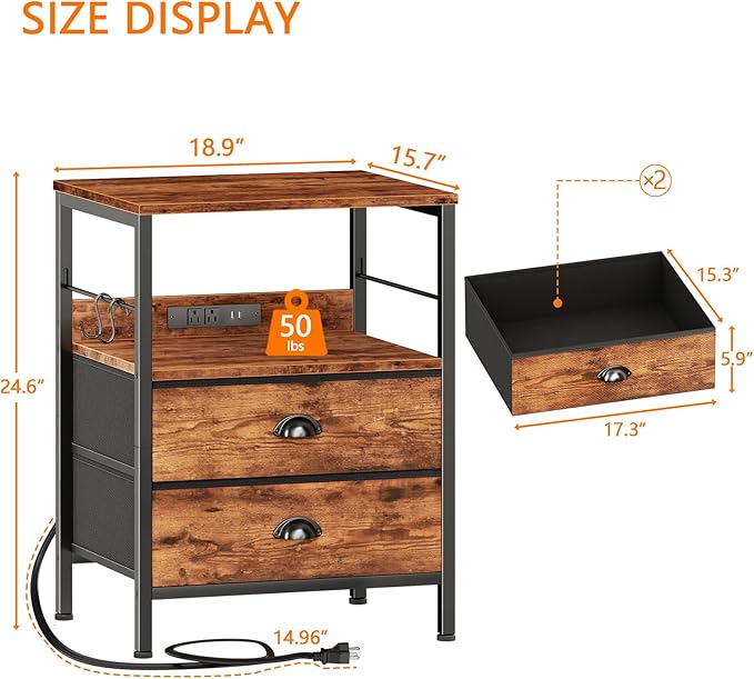 Furologee Night Stand with Charging Station, Bedside Table with Fabric Drawers, End Table with USB Ports & Outlets, Rustic Nightstand with Storage Shelf & Hooks, for Living Room/Bedroom, Rustic Brown-Ruum Studio Home