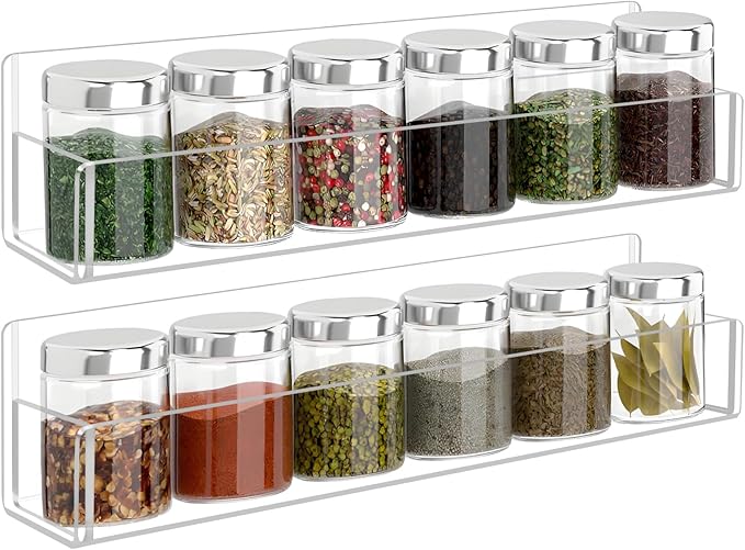 Acrylic Spice Rack Wall Mount-12 Inch, Clear Spice Shelf Storage Holder, 2 Pack Hanging Seasoning Rack Organizer for Cabinet Door, Cupboard or Wall Kitchen (Adhesive or Screw)-Ruum Studio Home