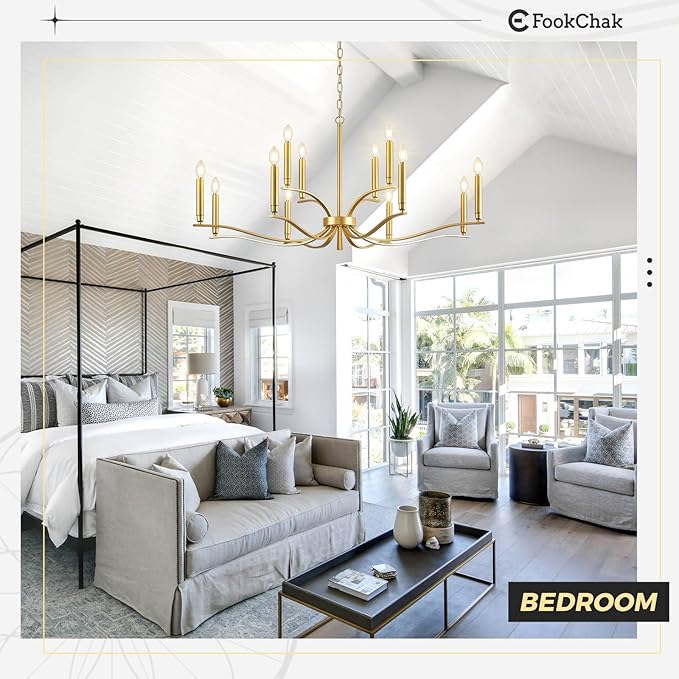 12 Light Gold Living Room Chandelier High Ceiling Foyer Candle Chandelier Large Modern Brass 44in Metal Chandeliers Hanging Light for Master Bedroom Dining Room Light Fixture Over Table-Ruum Studio Home