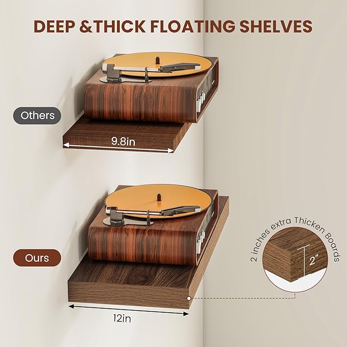 Wide Floating Shelves for Wall 12 Inch Deep, 24" X 12" X 2" Floating Shelf, 2 Inch Thick Shelf for Bathroom Bedroom Kitchen Book Room, Heavy Duty 55lbs Shelves for Farmhouse Decor Set of 2, Walnut-Ruum Studio Home