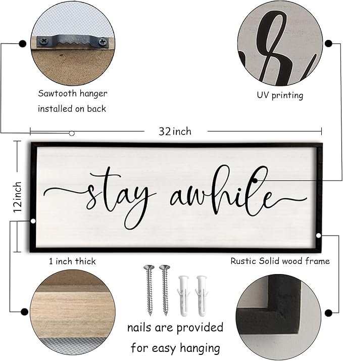 Stay Awhile Sign Wall Decor 32"X12" Large Solid Wood Frame For Hallway Living Room Entryway Farmhouse Wall Art Lets Stay Family Home Rustic Hanging Decoration (Black)-Ruum Studio Home