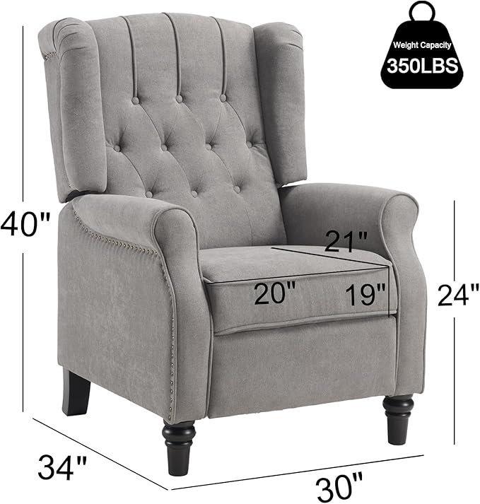 EBELLO Pushback Recliner Chair, Fabric Armchair Push Back Recliner with Rivet Decoration, Mid Century Wingback Accent Chair for Living Room, Bedroom, Grey-Ruum Studio Home