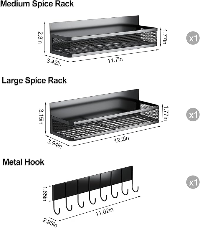 Magnetic Spice Rack for Refrigerator, 3 Pack Magnetic Shelf, Moveable Fridge Organizer with 8-Hook Rack, Seasoning Organizer for Kitchen-Ruum Studio Home