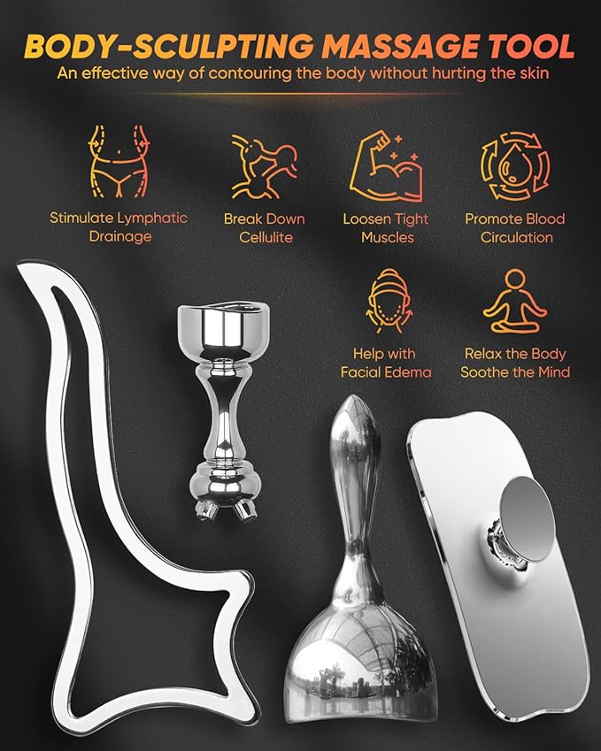 ONUEMP 4-in-1 Stainless Steel Massage Therapy Tools for Ice Body Sculpting, Maderoterapia Kit Colombiana, Gua Sha Scraping Body & Facial Massager for Lymphatic Drainage, Anti Cellulite-Ruum Studio Home