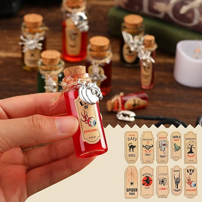 Newtay 53 Pcs Halloween Mini Potion Bottles Set Including 12 Decorative Glass Bottles with Cork Stoppers 20 Creepy Apothecary Bottle Labels Stickers 20 Charms Pendants 1 String (5/6/7/12 ML,Stylish)-Ruum Studio Home