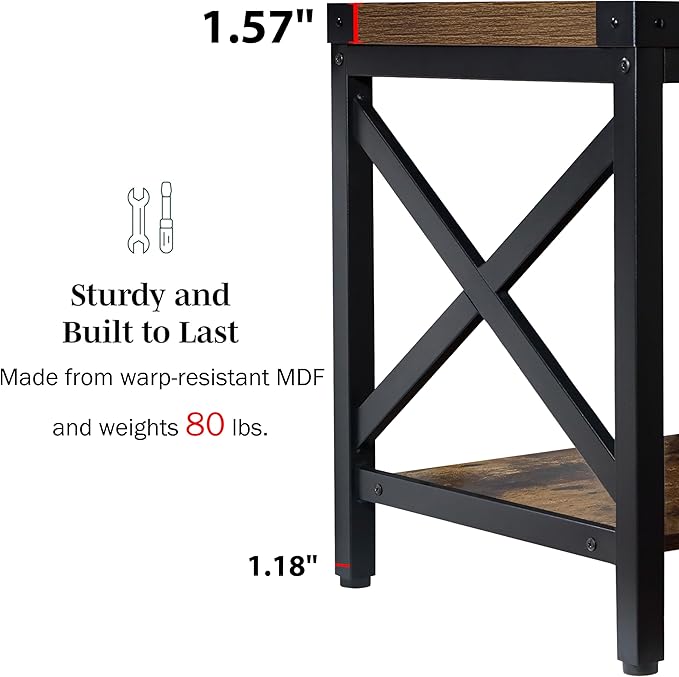 End Table Large Side Table for Living Room, Rustic Farmhouse End Tables with 2-Tier Storage, Square Nightstand Bedside Table X-Design Metal Frame, Brown (Wind, Brown)-Ruum Studio Home