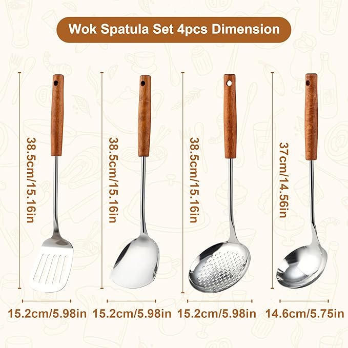 FJNATINH Wok Spatula - Ladle - Skimmer - Stainless Steel Wok Tools,Wok Utensil,Mirror Polished Stainless Steel Cooking Utensils 14.6-15.2" Kitchen Utensils Cookware, Pack of 3-Ruum Studio Home